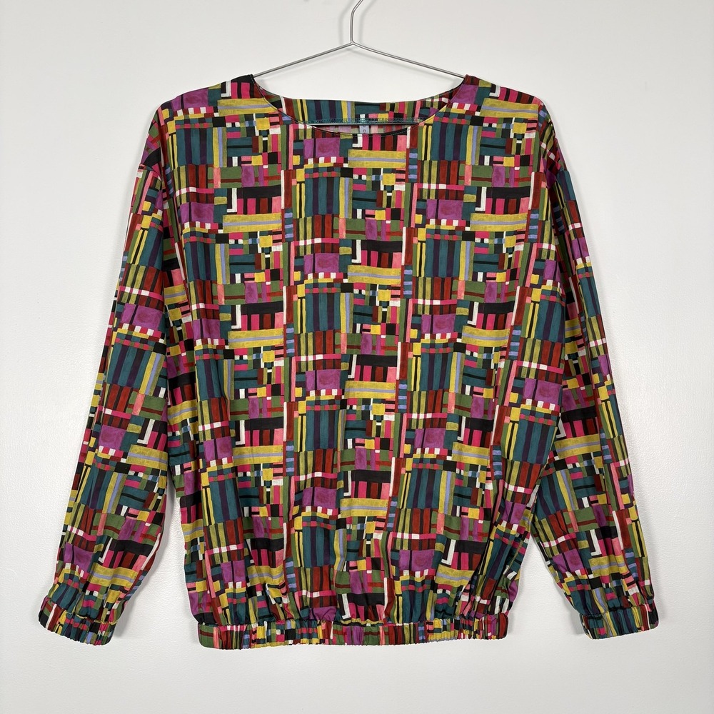 MJ Creations Blouse Womens 2X Multicolor Geometric Long Sleeve Elastic Hem Top